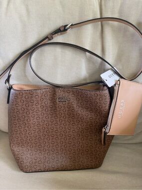 GUESS Tan/Brown Logo-Print Shoulder Bag with Zip Pouch
